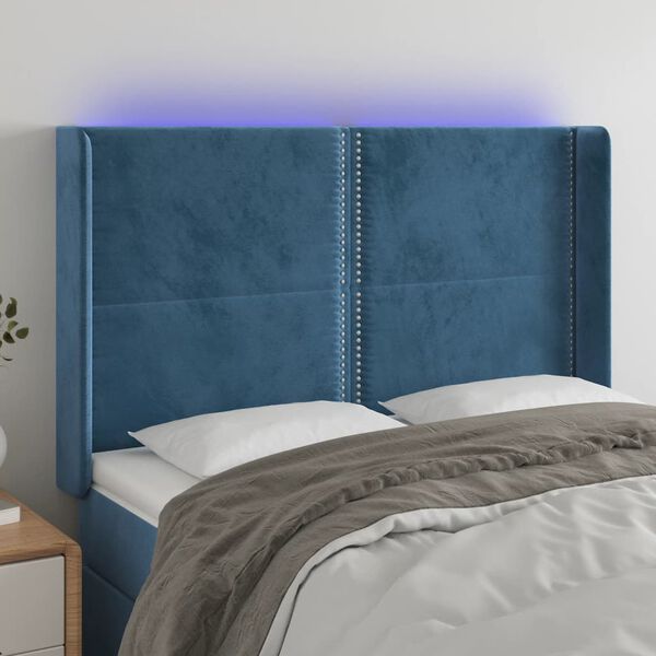 vidaXL T&ecirc;te de lit &agrave; LED Bleu fonc&eacute; 147x16x118/128 cm Velours