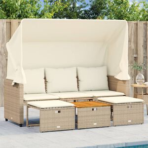 vidaXL Canap&eacute; de jardin 3 places avec auvent et tabourets beige rotin