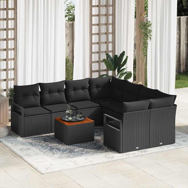 vidaXL Ensemble de canapé de jardin avec coussin 9 pcs Noir polyrotin