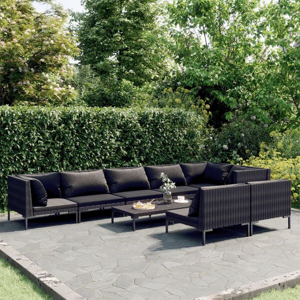 vidaXL Salon de jardin 9 pcs avec coussins Résine tressée Gris foncé