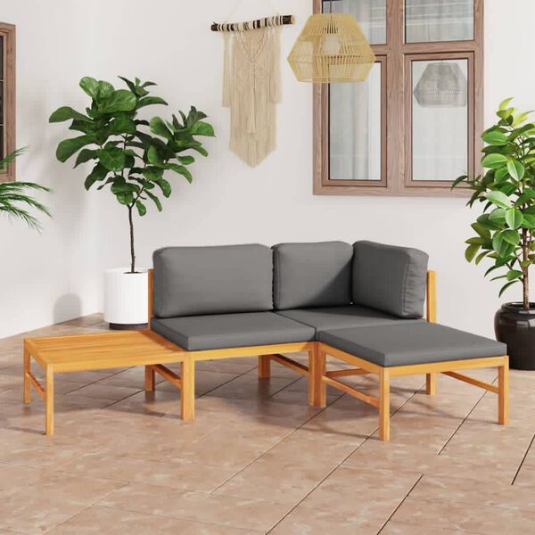 vidaXL Salon de jardin 4 pcs avec coussins gris Bois de teck solide