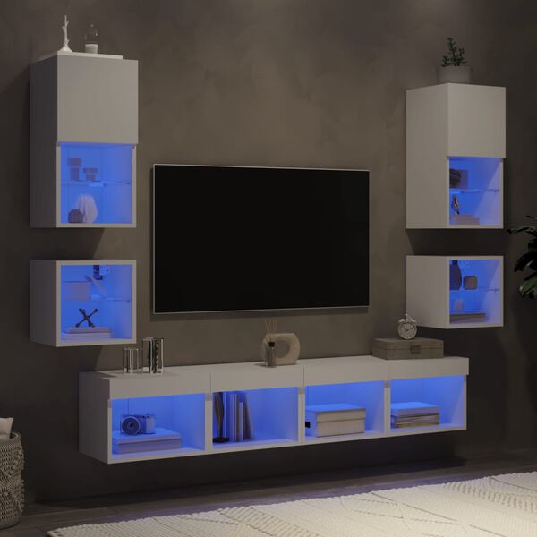 vidaXL Unit&eacute;s murales TV avec LED 8 pcs blanc bois d'ing&eacute;nierie