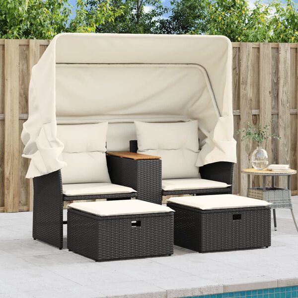 vidaXL Canapé de jardin 2 places avec auvent et tabourets noir rotin