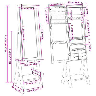 vidaXL Armoire à bijoux miroir avec lumières LED sur pied noir