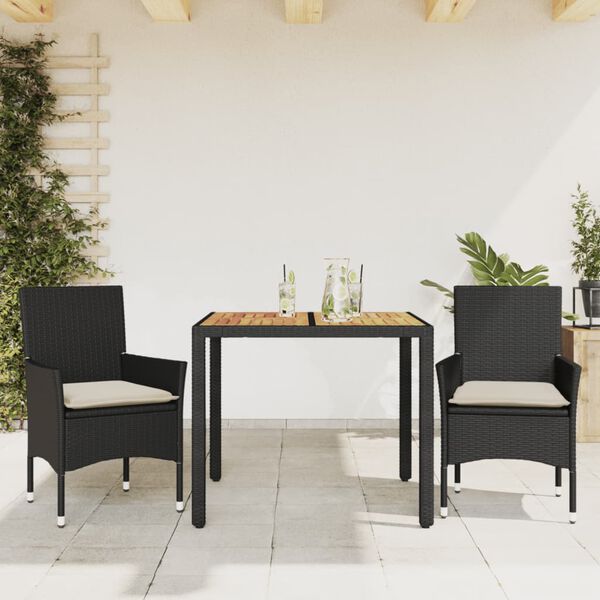 vidaXL Ensemble &agrave; manger de jardin et coussins 3 pcs noir rotin acacia