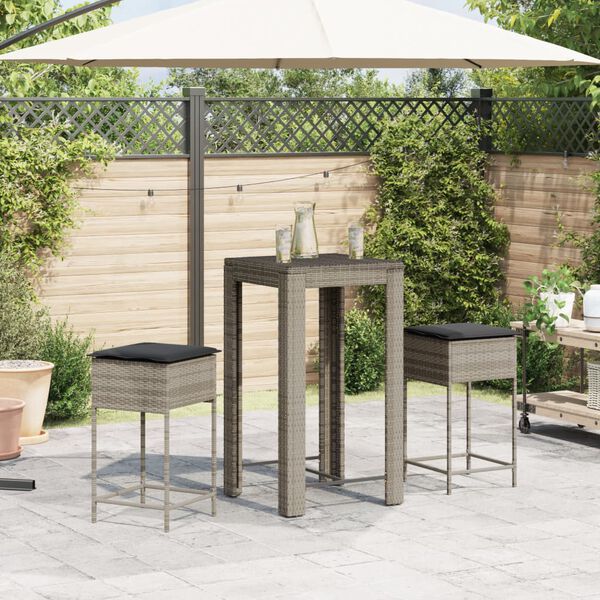 vidaXL Ensemble de bar de jardin 3 pcs et coussins gris r&eacute;sine tress&eacute;e