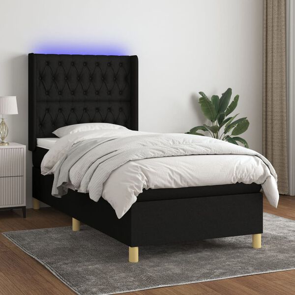 vidaXL Sommier &agrave; lattes de lit matelas et LED Noir 90x200 cm Tissu