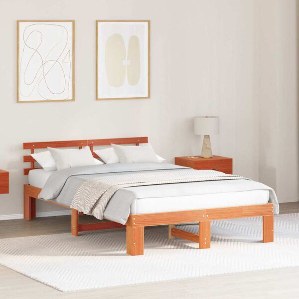 vidaXL Cadre de lit avec t&ecirc;te de lit Brun cire 140 x 190 cm Pin massif