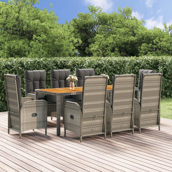 vidaXL Ensemble &agrave; manger de jardin 9 pcs coussins gris r&eacute;sine tress&eacute;e