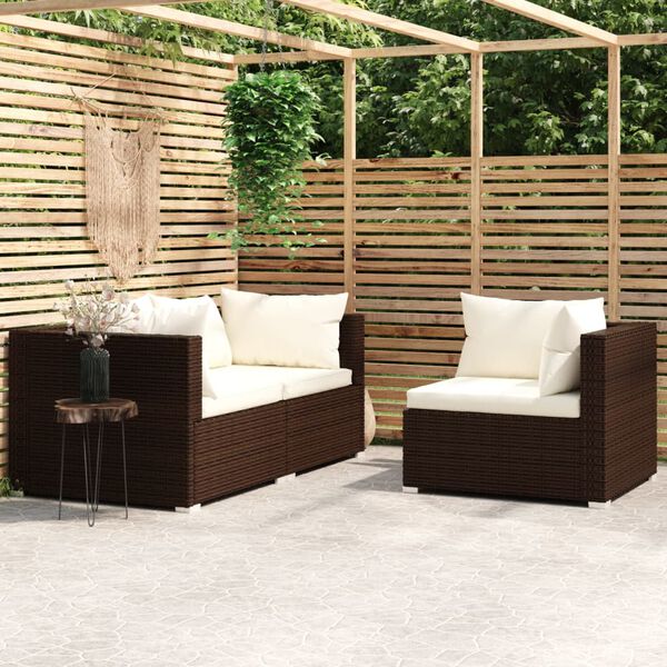 vidaXL Salon de jardin 3 pcs avec coussins Marron R&eacute;sine tress&eacute;e