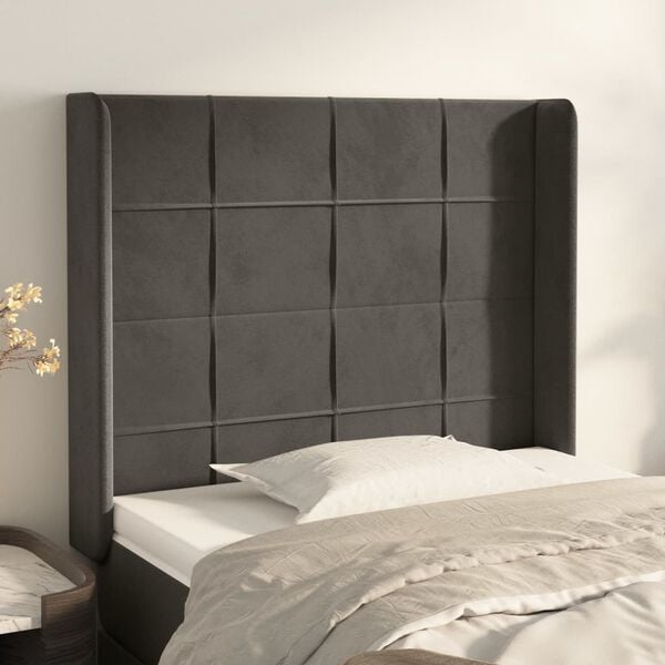 vidaXL T&ecirc;te de lit avec oreilles Gris fonc&eacute; 103x16x118/128 cm Velours