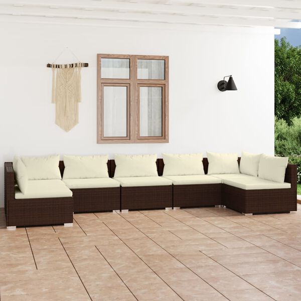vidaXL Salon de jardin 7 pcs avec coussins Résine tressée Marron