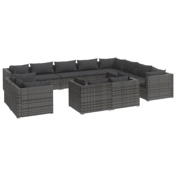 vidaXL Salon de jardin 12 pcs avec coussins Gris R&eacute;sine tress&eacute;e