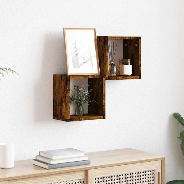 vidaXL &Eacute;tag&egrave;res Murales avec &eacute;tag&egrave;re 2 pcs Ch&ecirc;ne fum&eacute; 26 x 15 x 26 cm