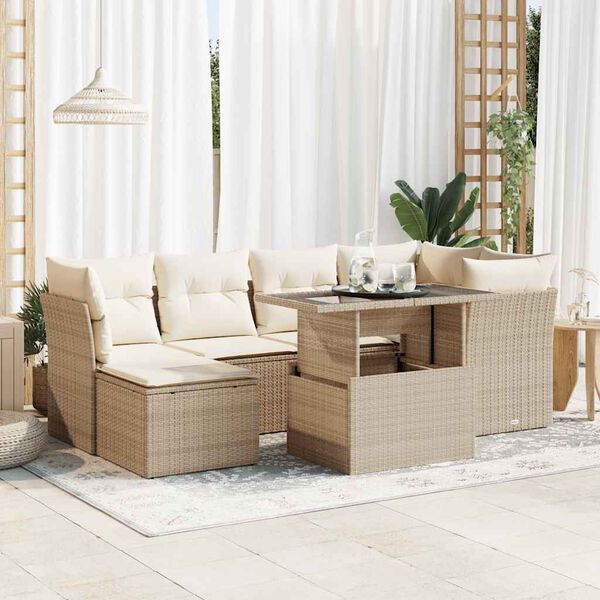 vidaXL Salon de jardin avec coussins 7 pcs beige r&eacute;sine tress&eacute;e
