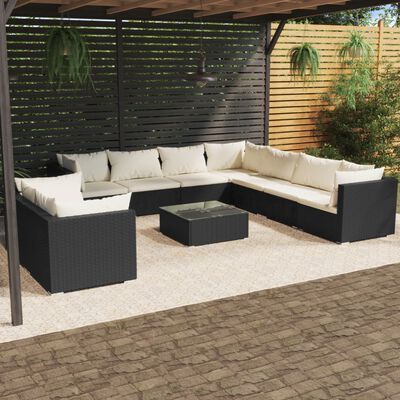 vidaXL Salon de jardin 10 pcs avec coussins noir résine tressée