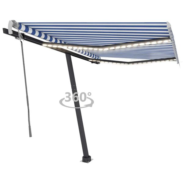 vidaXL Auvent manuel r&eacute;tractable avec LED 300x250 cm Bleu et blanc