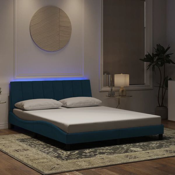 vidaXL Cadre de lit avec LED sans matelas Hanko bleu 160x200 cm velours