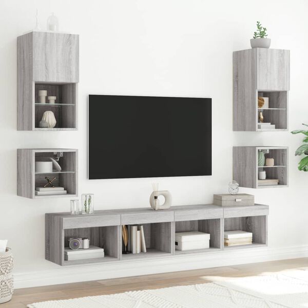 vidaXL Table de chevet murale avec lumi&egrave;res LED sonoma gris