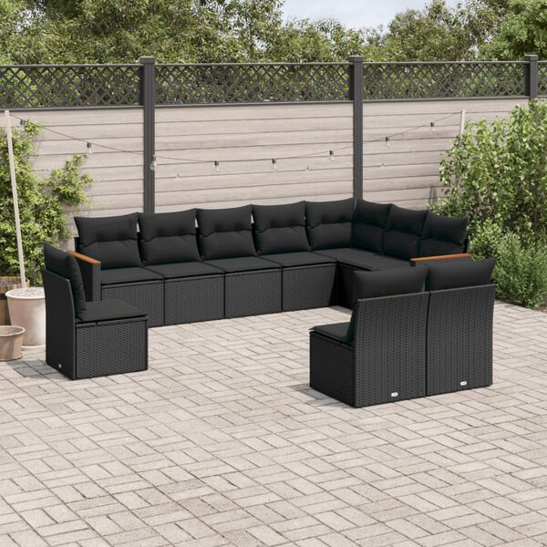 vidaXL Salon de jardin 10 pcs avec coussins noir r&eacute;sine tress&eacute;e