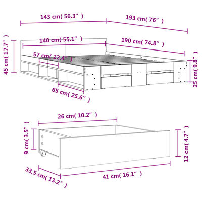 vidaXL Cadre de lit avec tiroirs sans matelas gris béton 140x190 cm