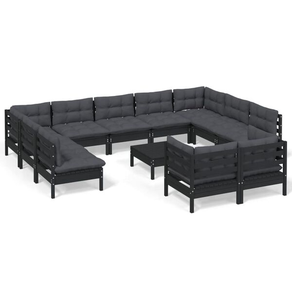 vidaXL Salon de jardin 12 pcs avec coussins Noir Bois de pin solide