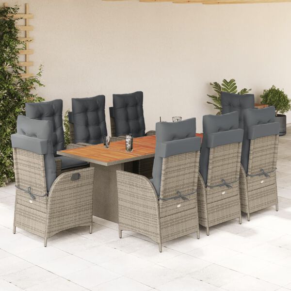 vidaXL Ensemble &agrave; manger de jardin 9 pcs coussins gris r&eacute;sine tress&eacute;e