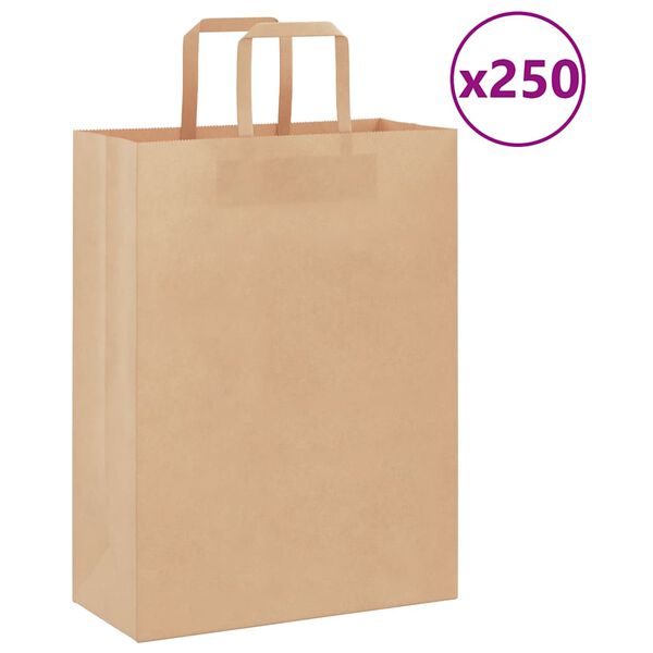 vidaXL Sacs en papier 250 pcs avec poign&eacute;es marron 26x12x35 cm