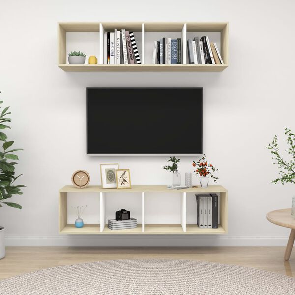 vidaXL Meubles TV muraux 2 pcs Blanc et ch&ecirc;ne sonoma Bois d'ing&eacute;nierie