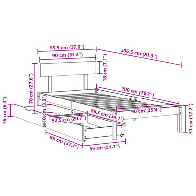 vidaXL Cadre de lit sans matelas blanc 90x200 cm bois de pin massif