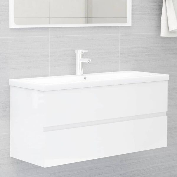 vidaXL Armoire d'&eacute;vier lavabo int&eacute;gr&eacute; blanc brillant bois d'ing&eacute;nierie