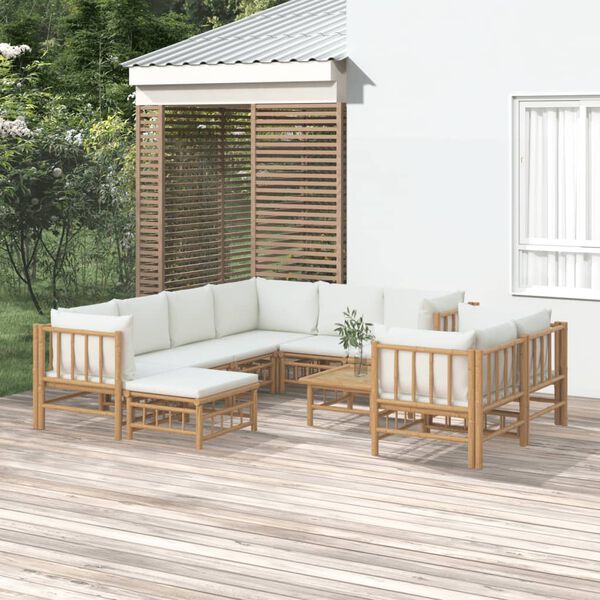 vidaXL Salon de jardin 10 pcs avec coussins blanc cr&egrave;me bambou