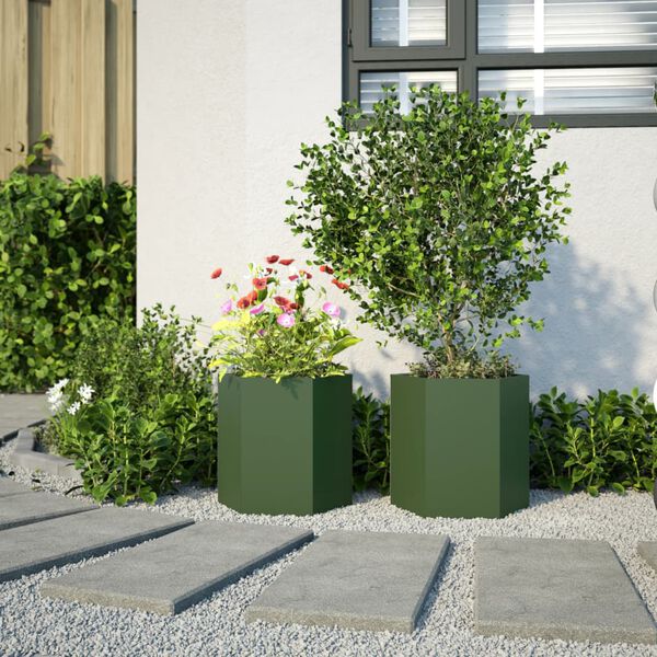 vidaXL Jardini&egrave;res 2 pcs vert olive hexagone 46x40x45 cm acier