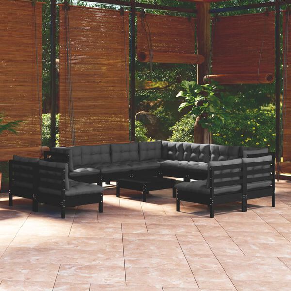 vidaXL Salon de jardin 12 pcs avec coussins Noir Bois de pin solide
