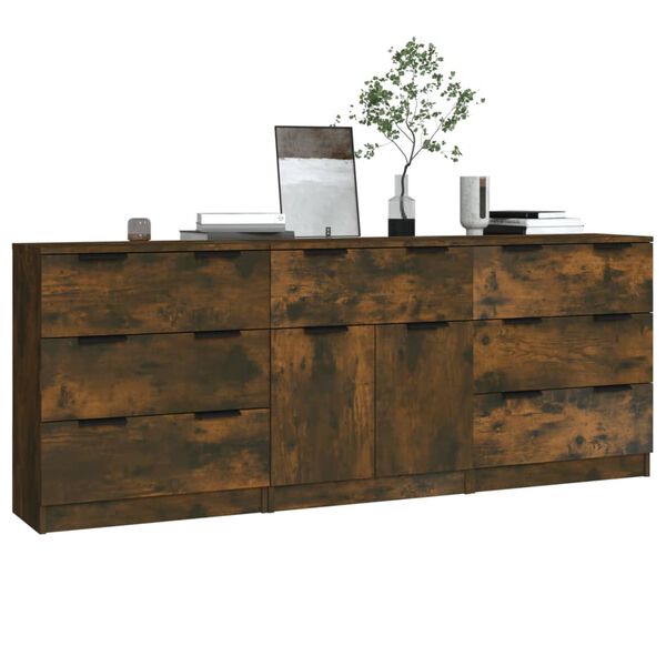 vidaXL Buffets 3 pcs Ch&ecirc;ne fum&eacute; Bois d'ing&eacute;nierie