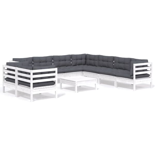 vidaXL Salon de jardin 10 pcs avec coussins blanc bois de pin massif