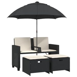vidaXL Canap&eacute; de jardin 2 places avec parasol et tabourets noir rotin