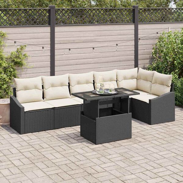 vidaXL Ensemble de canap&eacute; de jardin avec coussin 7 pcs Noir et cr&egrave;me