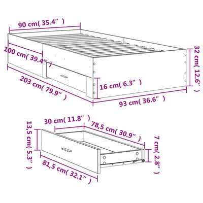 vidaXL Cadre de lit et tiroirs chêne sonoma 90x200cm bois d'ingénierie