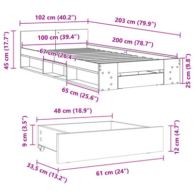 vidaXL Cadre de lit et tiroir sonoma gris 100x200 cm bois d'ingénierie