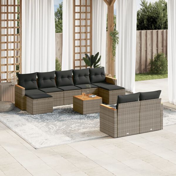 vidaXL Salon de jardin avec coussins 10 pcs gris r&eacute;sine tress&eacute;e