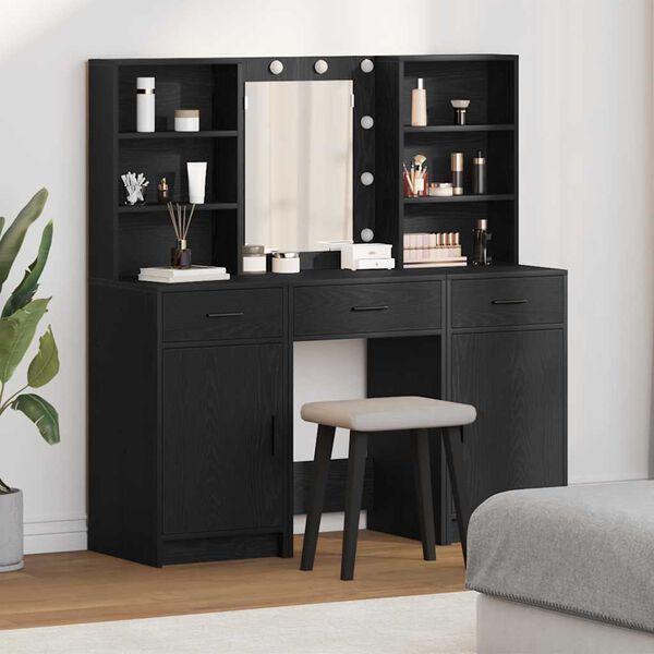 vidaXL Ensemble de table de maquillage avec LED 3 pcs Ch&ecirc;ne noir