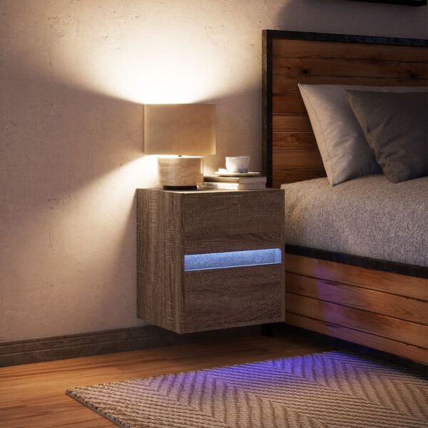 vidaXL Table de chevet murale avec lumi&egrave;res LED ch&ecirc;ne marron