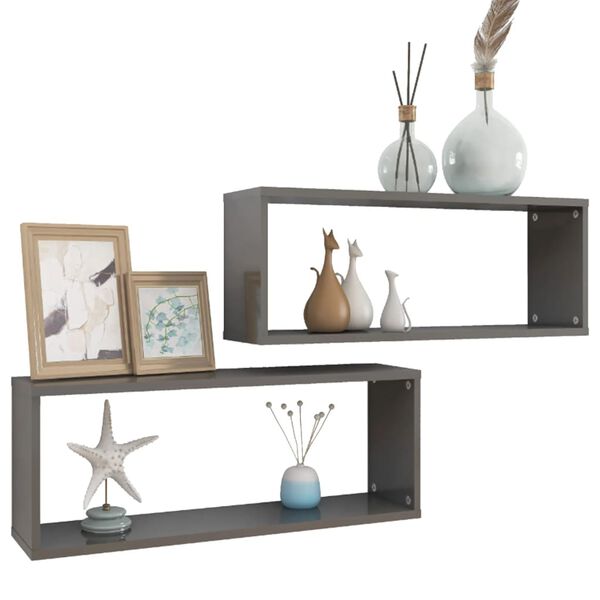 vidaXL &Eacute;tag&egrave;res murales cube 2 pcs Gris brillant Bois d&rsquo;ing&eacute;nierie