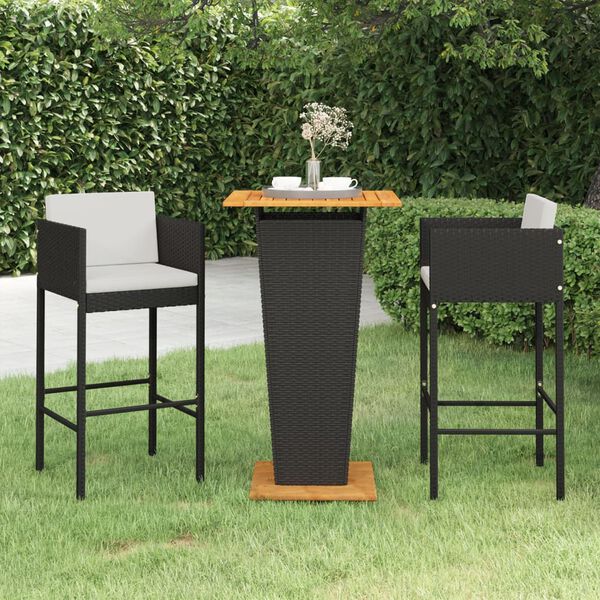 vidaXL Ensemble de bar de jardin 3 pcs et coussins Résine tressée Noir