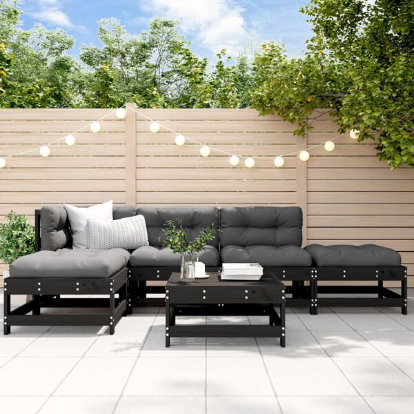 vidaXL Salon de jardin 6 pcs avec coussins noir bois massif