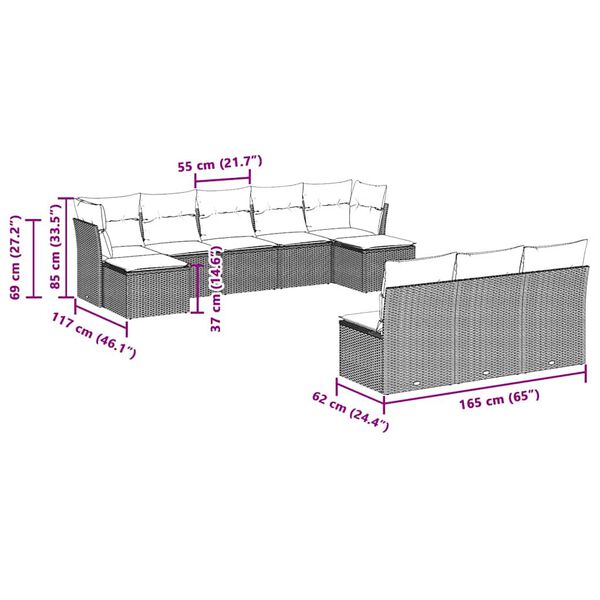 vidaXL Salon de jardin avec coussins 10 pcs gris clair résine tressée