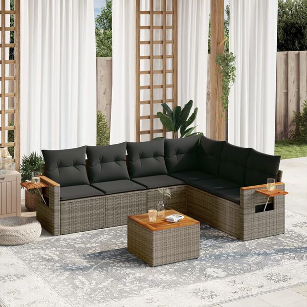 vidaXL Salon de jardin avec coussins 7 pcs gris r&eacute;sine tress&eacute;e