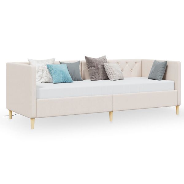 vidaXL Lit avec matelas et &eacute;clairage USB Cr&egrave;me Tissu 90x200 cm
