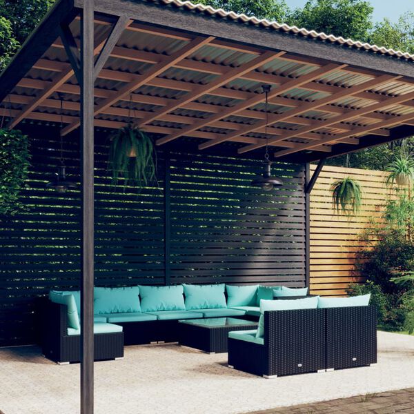 vidaXL Salon de jardin 10 pcs avec coussins R&eacute;sine tress&eacute;e Noir